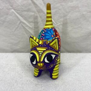 Mexican Alebrije Cat Wood Carving Hand Painted Oaxacan Folk Art Purple Floral